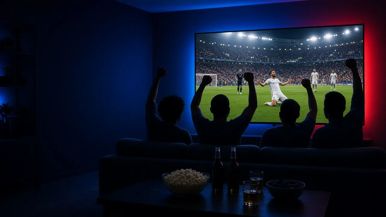 Arkadaşlar evde büyük ekranda IPTV ile canlı maç izliyor ve gole seviniyor